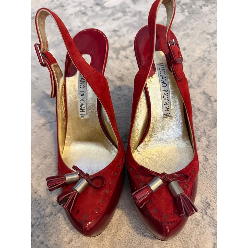 Luciano Padovan Red Suede Patent Platform Slingback Tassel Heels 7